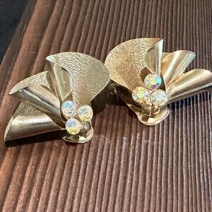 Vintage Gold Clip-On Earrings with Rhinestones